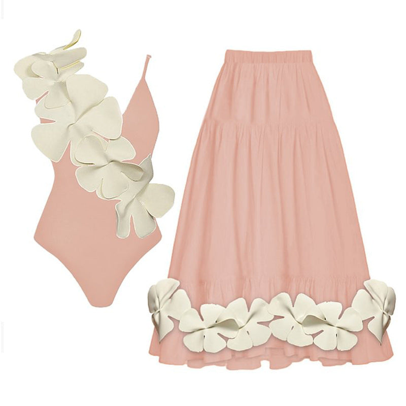 Solid Color Spaghetti Straps One Piece Swimsuit Women Floral Spring Vacation Swimsuit